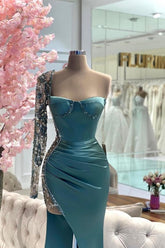 Elegant Green Mermaid Strapless One-shoulder Long Sleeve Beaded Satin Split Front Prom Evening Dresses With Rhinestone